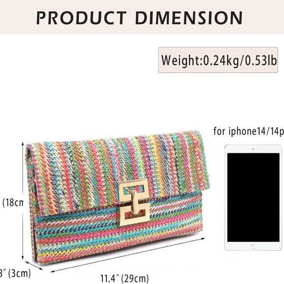 Straw Clutch Crossbody Bag Women Summer Woven Shoulder Envelope Evening - Picture 7 of 7